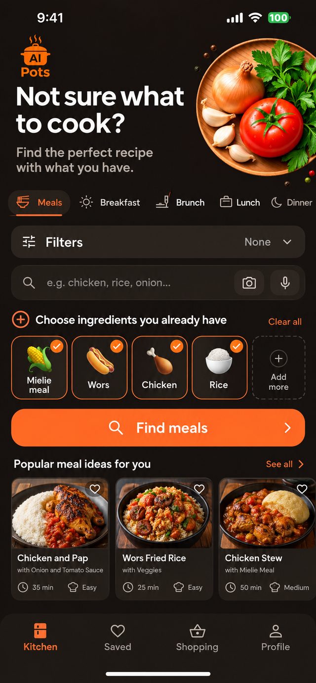 The kitchen screen, with ingredients chosen and
                  meal ideas below